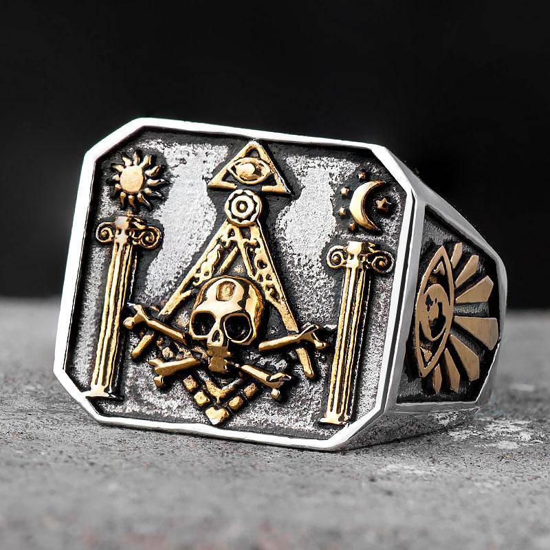 Widows Sons Ring - Gothic Skull and Bones Moon Sun - Bricks Masons