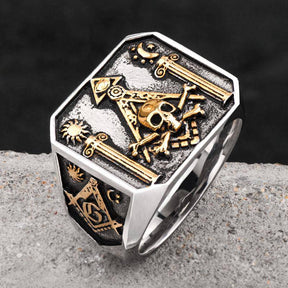 Widows Sons Ring - Gothic Skull and Bones Moon Sun - Bricks Masons