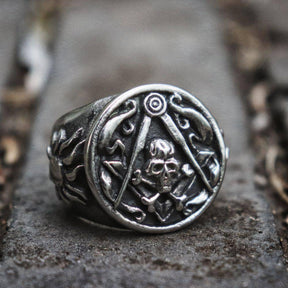 Widows Sons Ring - Skull Cross Bones and Compass with Silver Motif - Bricks Masons
