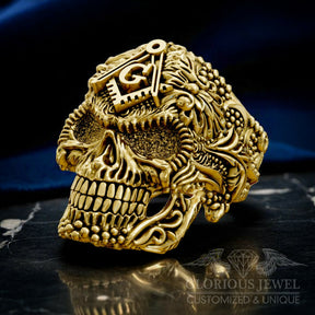 Master Mason Blue Lodge Ring - Skull Square & Compass G Various Materials - Bricks Masons