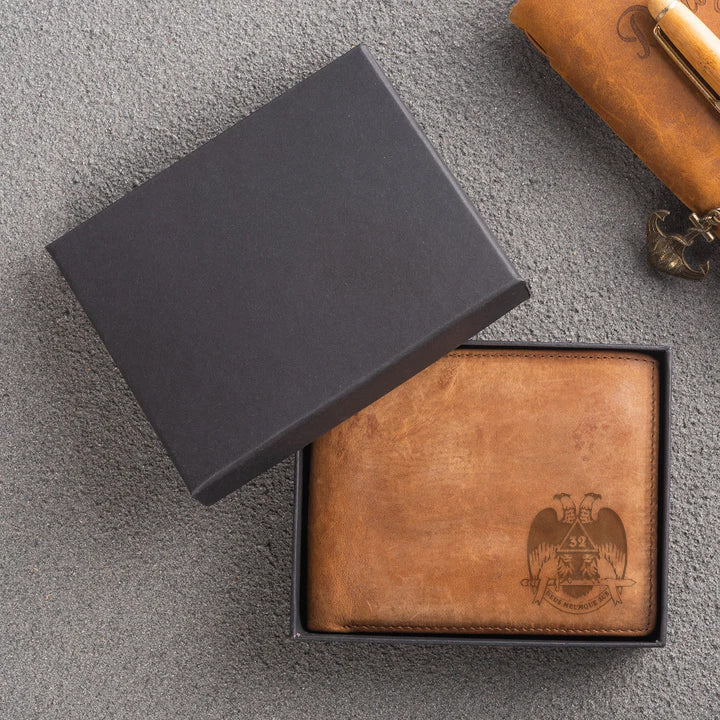 Handmade Leather 32nd Degree Scottish Rite Wallet - Wings Down Light & Dark Brown - Bricks Masons