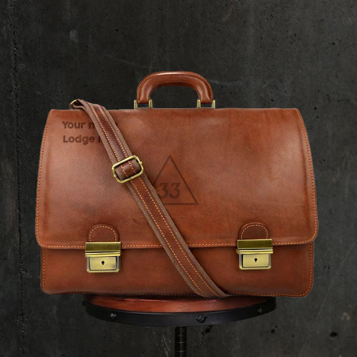 33rd Degree Scottish Rite Briefcase - Genuine Brown Leather - Bricks Masons