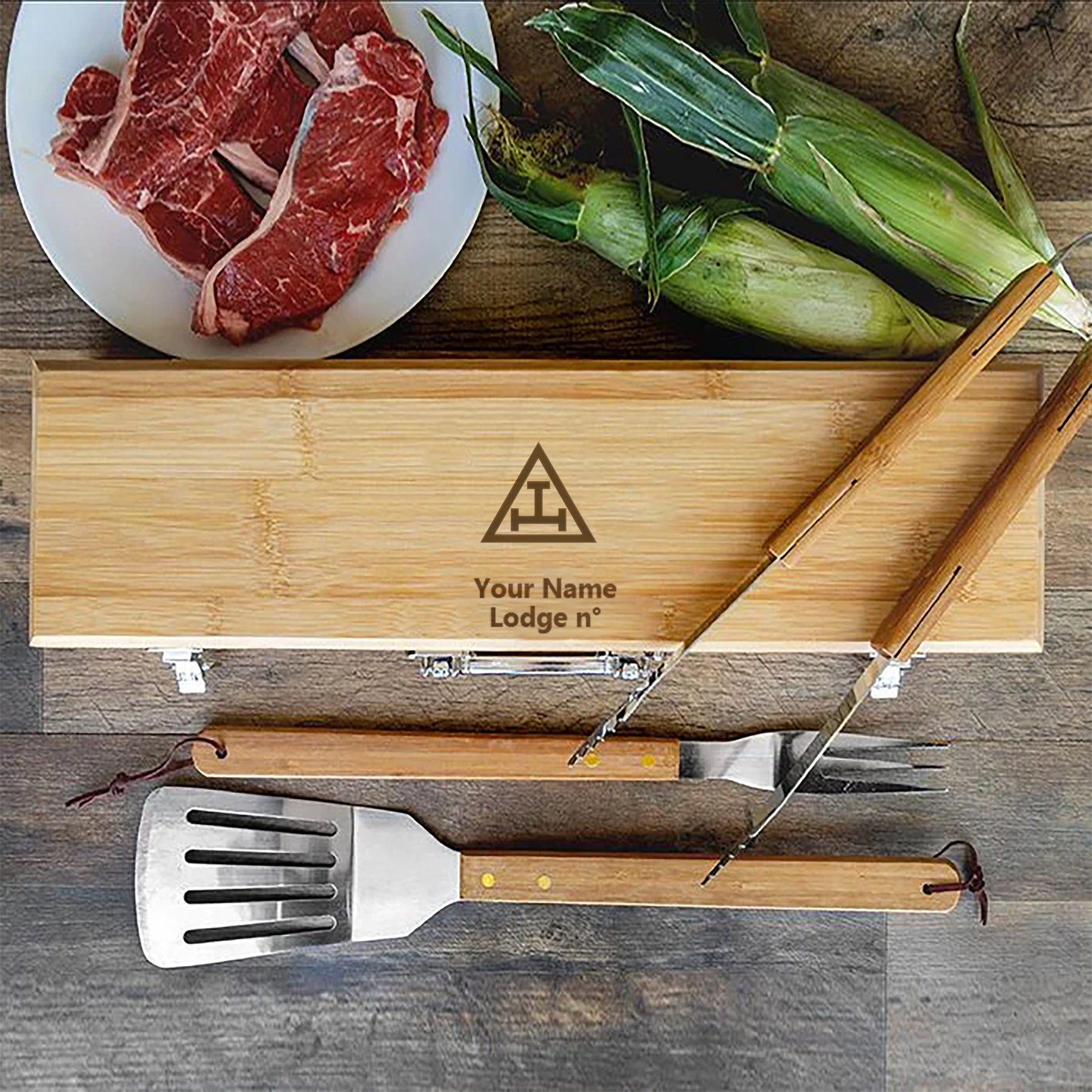 Royal Arch Chapter Grill Tool - BBQ Set & Bamboo Case - Bricks Masons