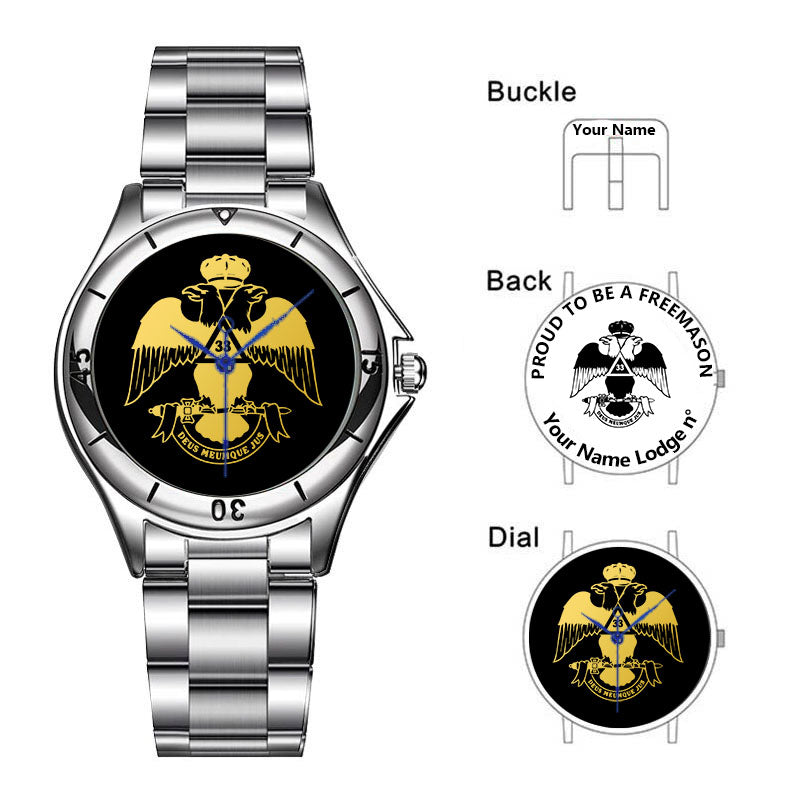 33rd Degree Scottish Rite Wristwatch - Wings Down Stainless Steel - Bricks Masons