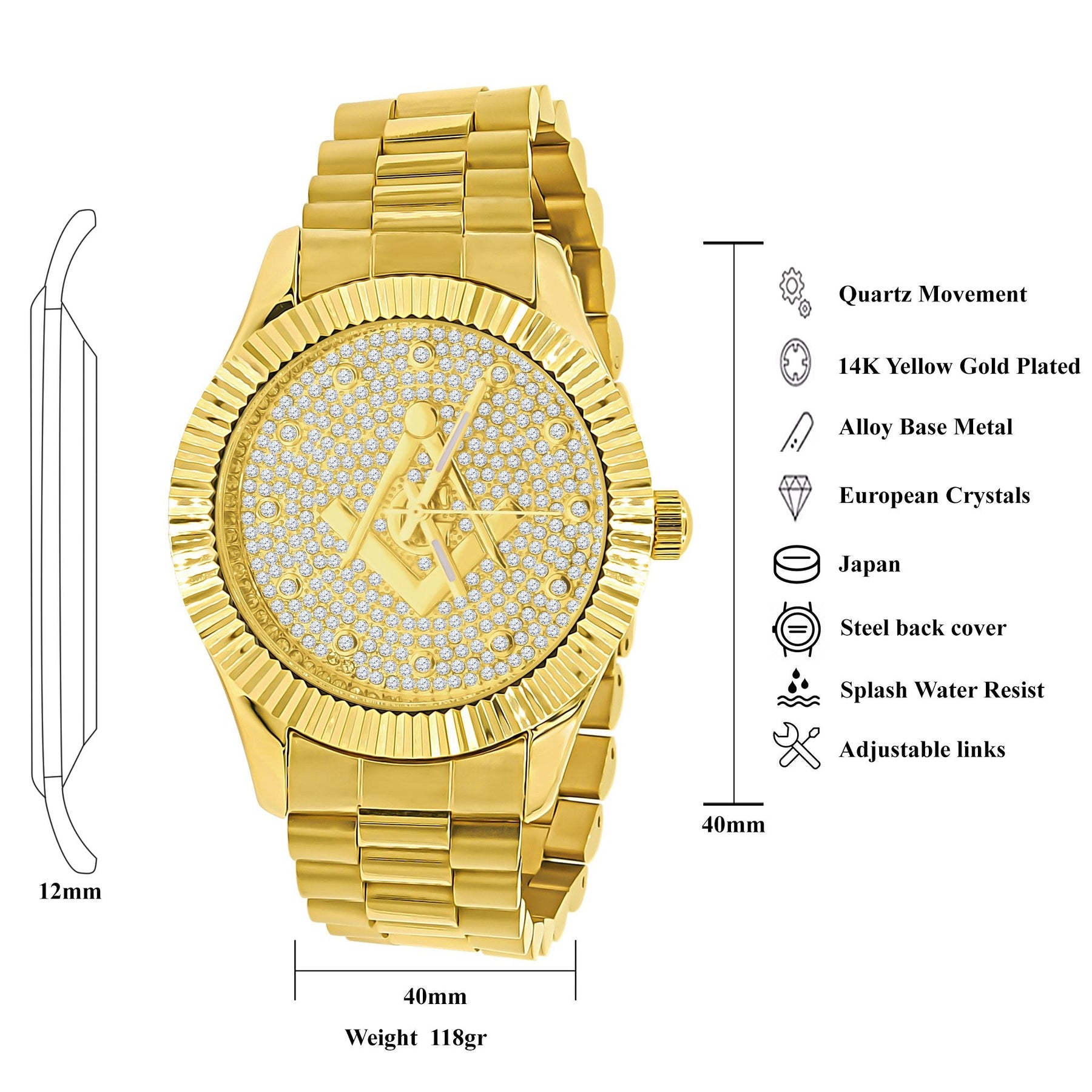 Golden Masonic Iced Out Metallic Watch - Bricks Masons