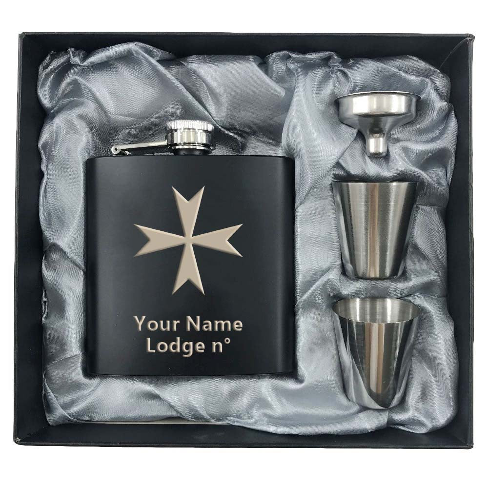 Order Of Malta Commandery Flask - 2 Shot Glasses & Funnel - Bricks Masons