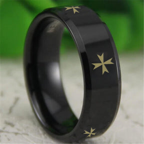 Order of Malta Commandery Ring - Reverse Comfort Fit Tungsten - Bricks Masons