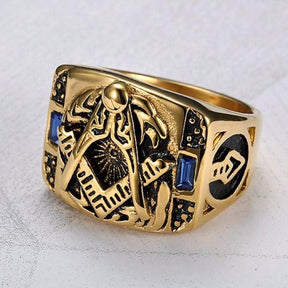 Master Mason Blue Lodge Ring - Gold & Blue Crystal - Bricks Masons