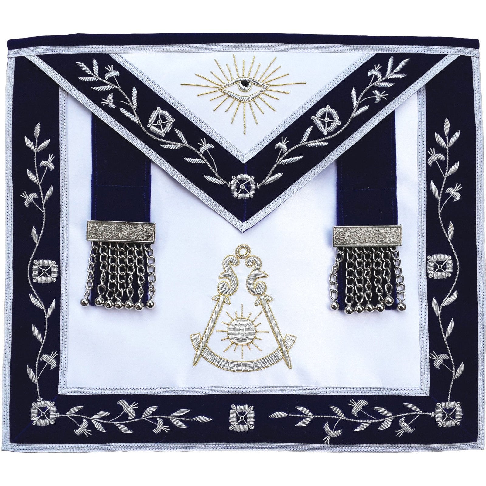 Past Master Blue Lodge Apron - Blue Velvet with Side Tabs & Silver Hand Embroidery - Bricks Masons